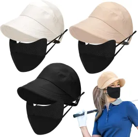 6 Pack Women's Wide Brim Sun Hats with Ice Silk Mask UV Protection Hollow Top Beach Packable Visor for Summer