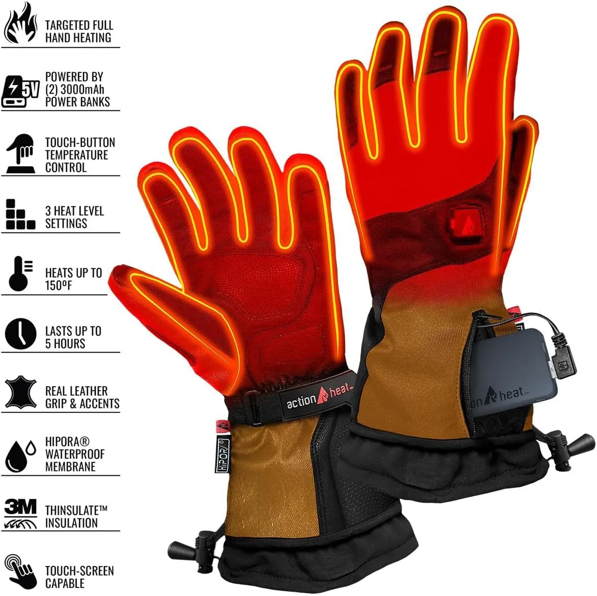 ActionHeat Battery Heated Gloves for Men, Premium Electric Gloves w/ 3-Heat Settings, Extended Gauntlet, Touch-Control, Rechargeable Electric Gloves