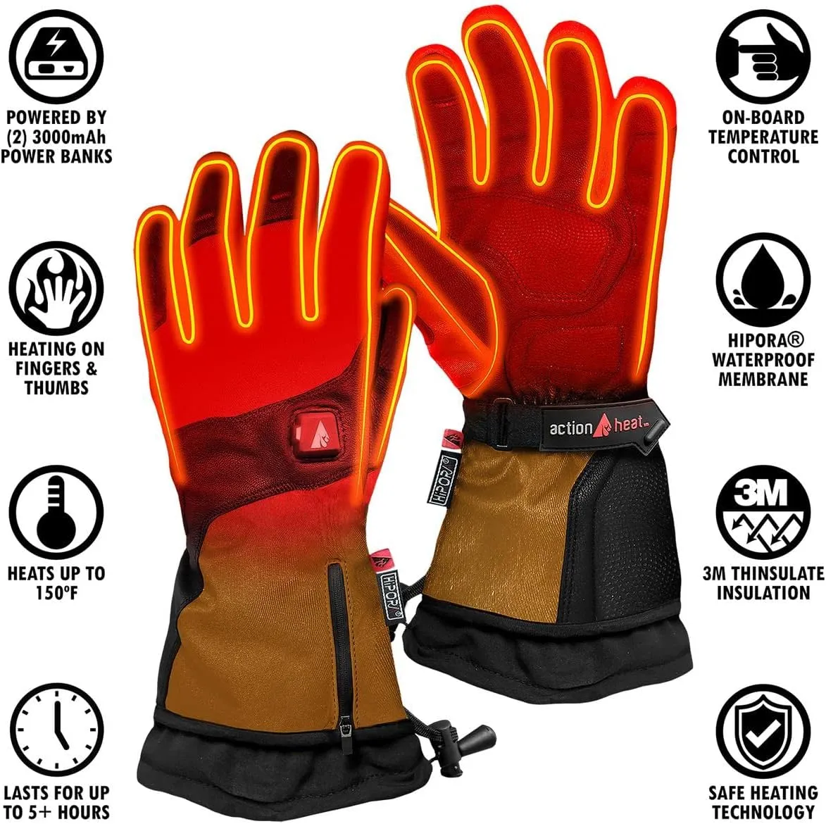 ActionHeat Battery Heated Gloves for Men, Premium Electric Gloves w/ 3-Heat Settings, Extended Gauntlet, Touch-Control, Rechargeable Electric Gloves
