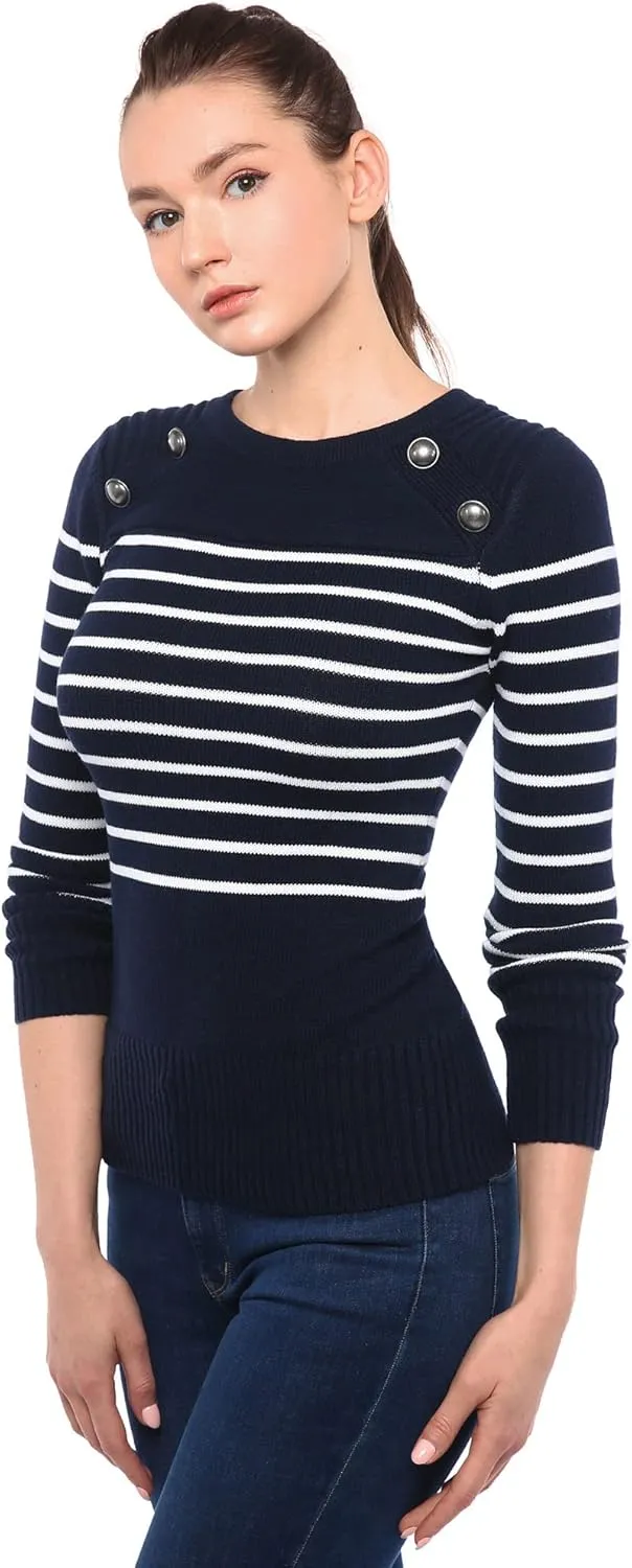 AmélieBoutik Women Crewneck Striped Military Button Embellished Pullover Sweater