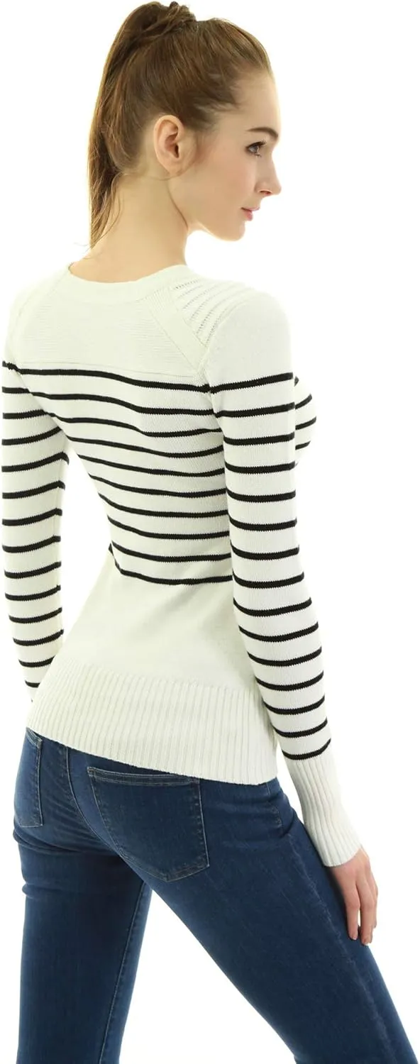 AmélieBoutik Women Crewneck Striped Military Button Embellished Pullover Sweater