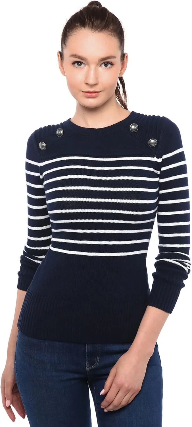 AmélieBoutik Women Crewneck Striped Military Button Embellished Pullover Sweater