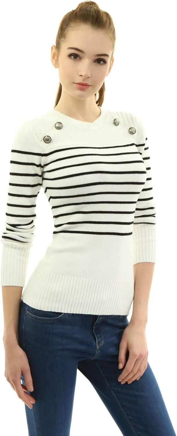 AmélieBoutik Women Crewneck Striped Military Button Embellished Pullover Sweater