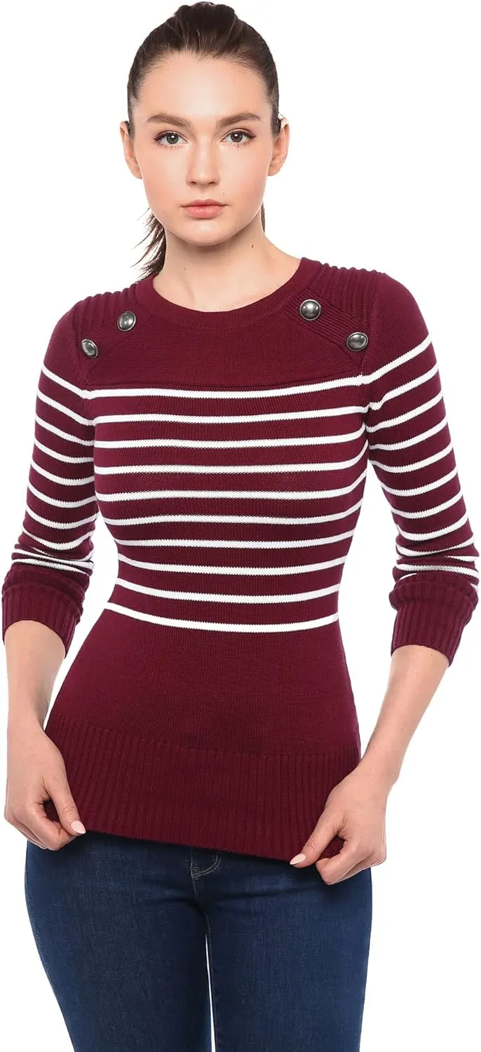 AmélieBoutik Women Crewneck Striped Military Button Embellished Pullover Sweater