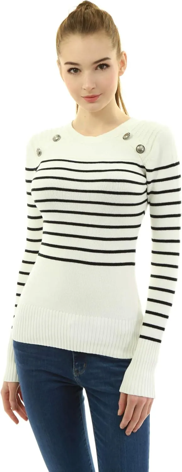 AmélieBoutik Women Crewneck Striped Military Button Embellished Pullover Sweater