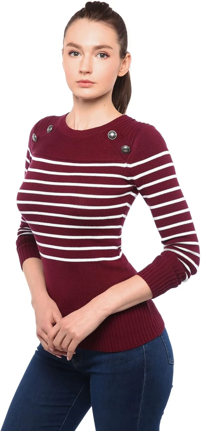 AmélieBoutik Women Crewneck Striped Military Button Embellished Pullover Sweater
