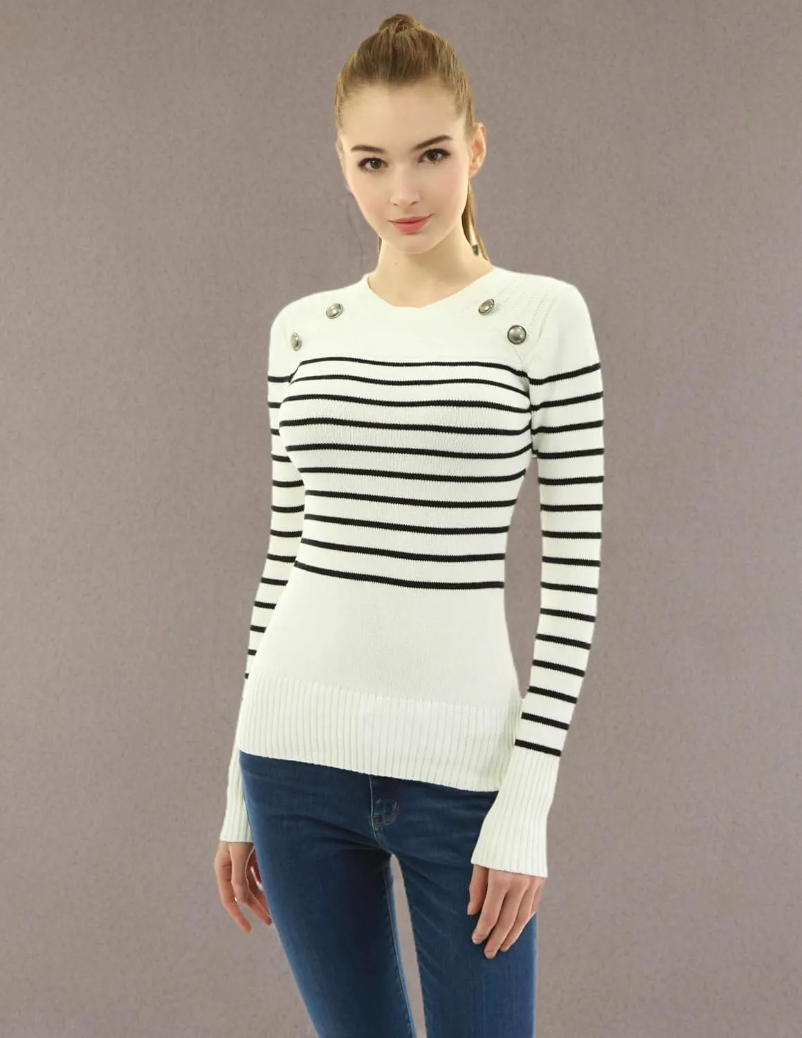 AmélieBoutik Women Crewneck Striped Military Button Embellished Pullover Sweater