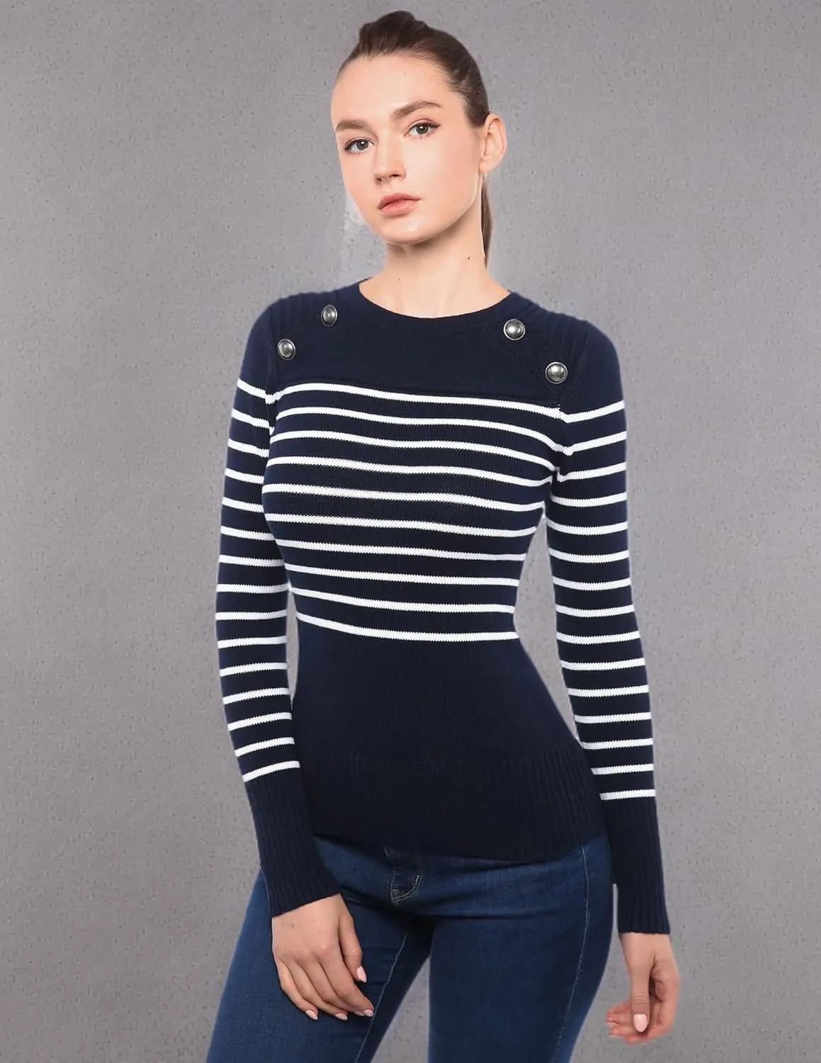 AmélieBoutik Women Crewneck Striped Military Button Embellished Pullover Sweater
