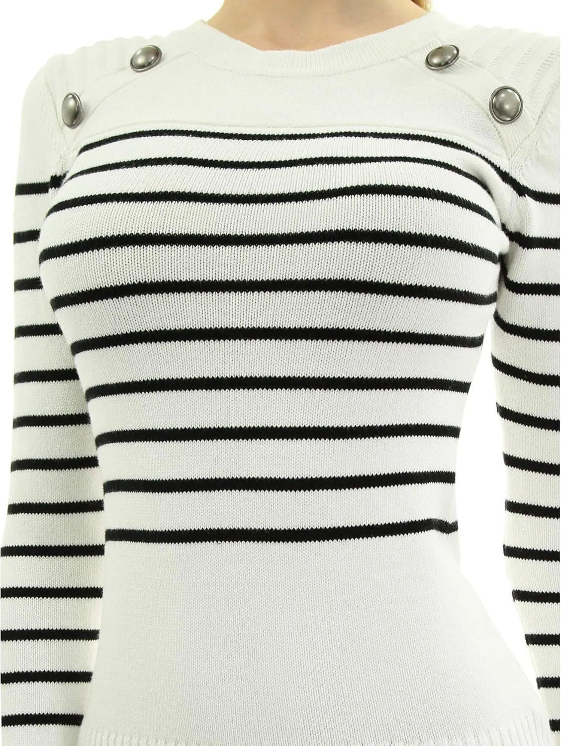 AmélieBoutik Women Crewneck Striped Military Button Embellished Pullover Sweater