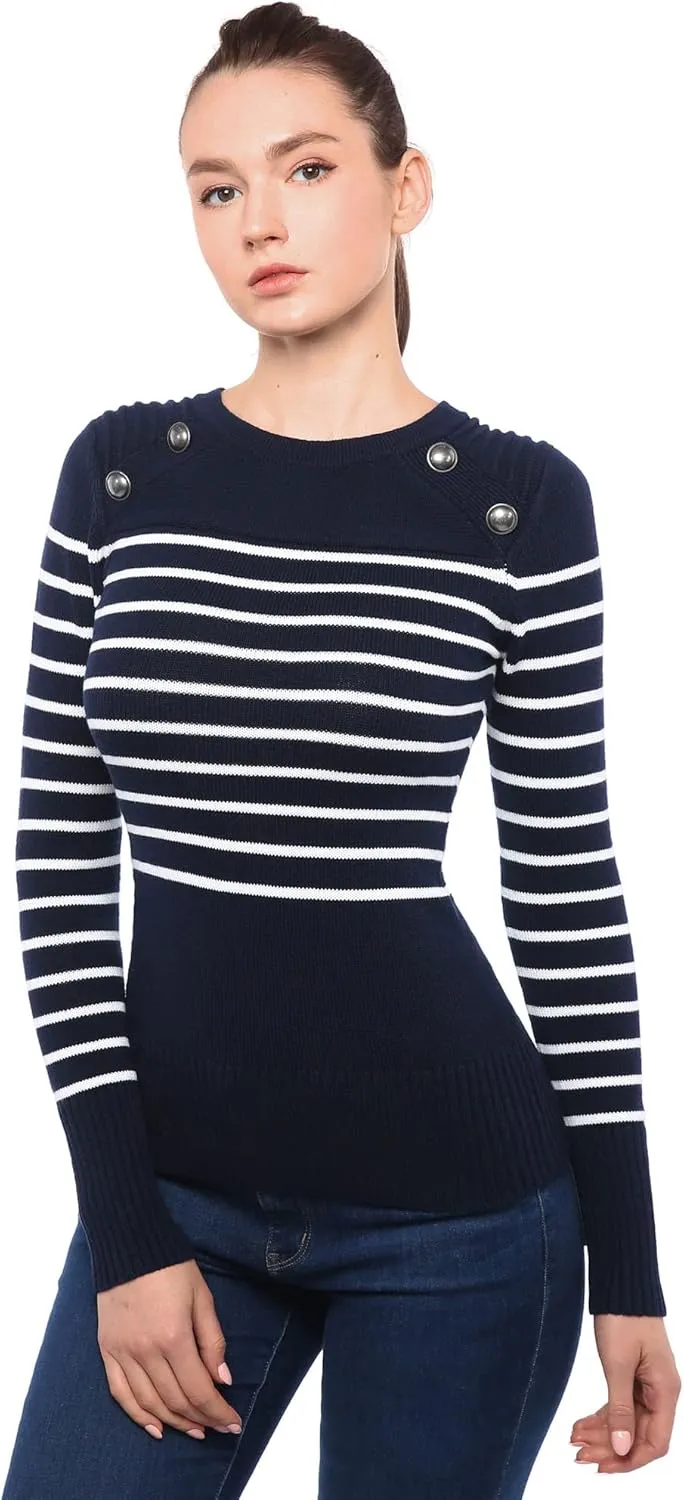AmélieBoutik Women Crewneck Striped Military Button Embellished Pullover Sweater