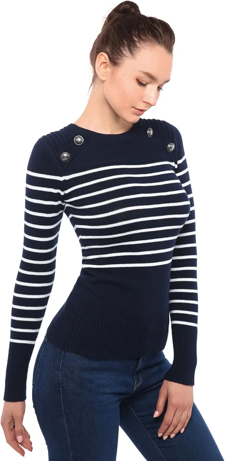 AmélieBoutik Women Crewneck Striped Military Button Embellished Pullover Sweater