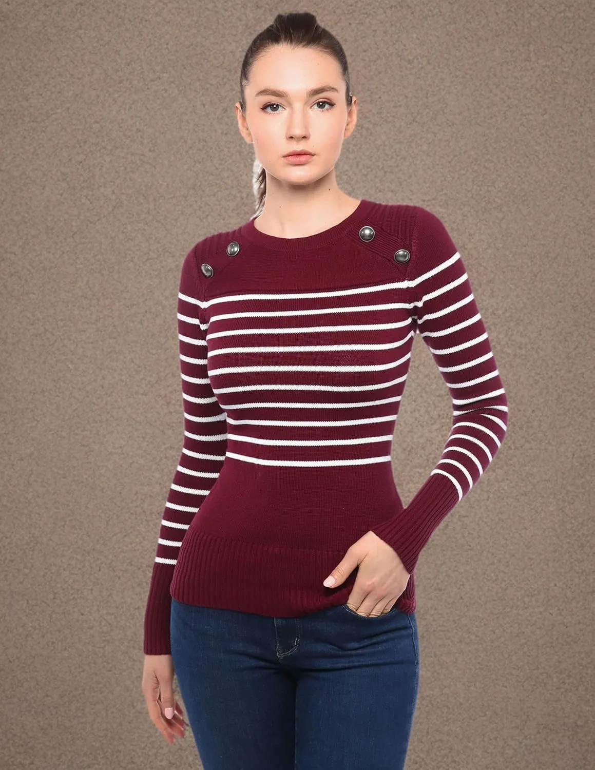 AmélieBoutik Women Crewneck Striped Military Button Embellished Pullover Sweater