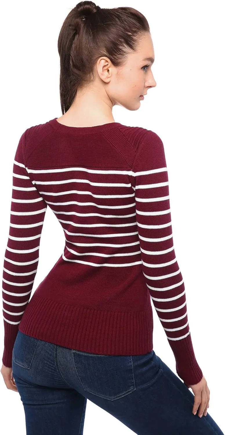AmélieBoutik Women Crewneck Striped Military Button Embellished Pullover Sweater