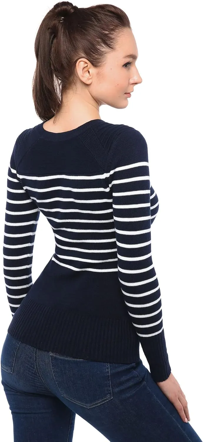 AmélieBoutik Women Crewneck Striped Military Button Embellished Pullover Sweater