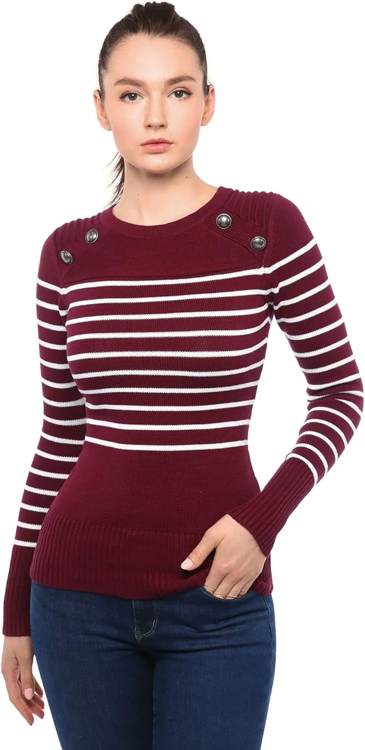 AmélieBoutik Women Crewneck Striped Military Button Embellished Pullover Sweater