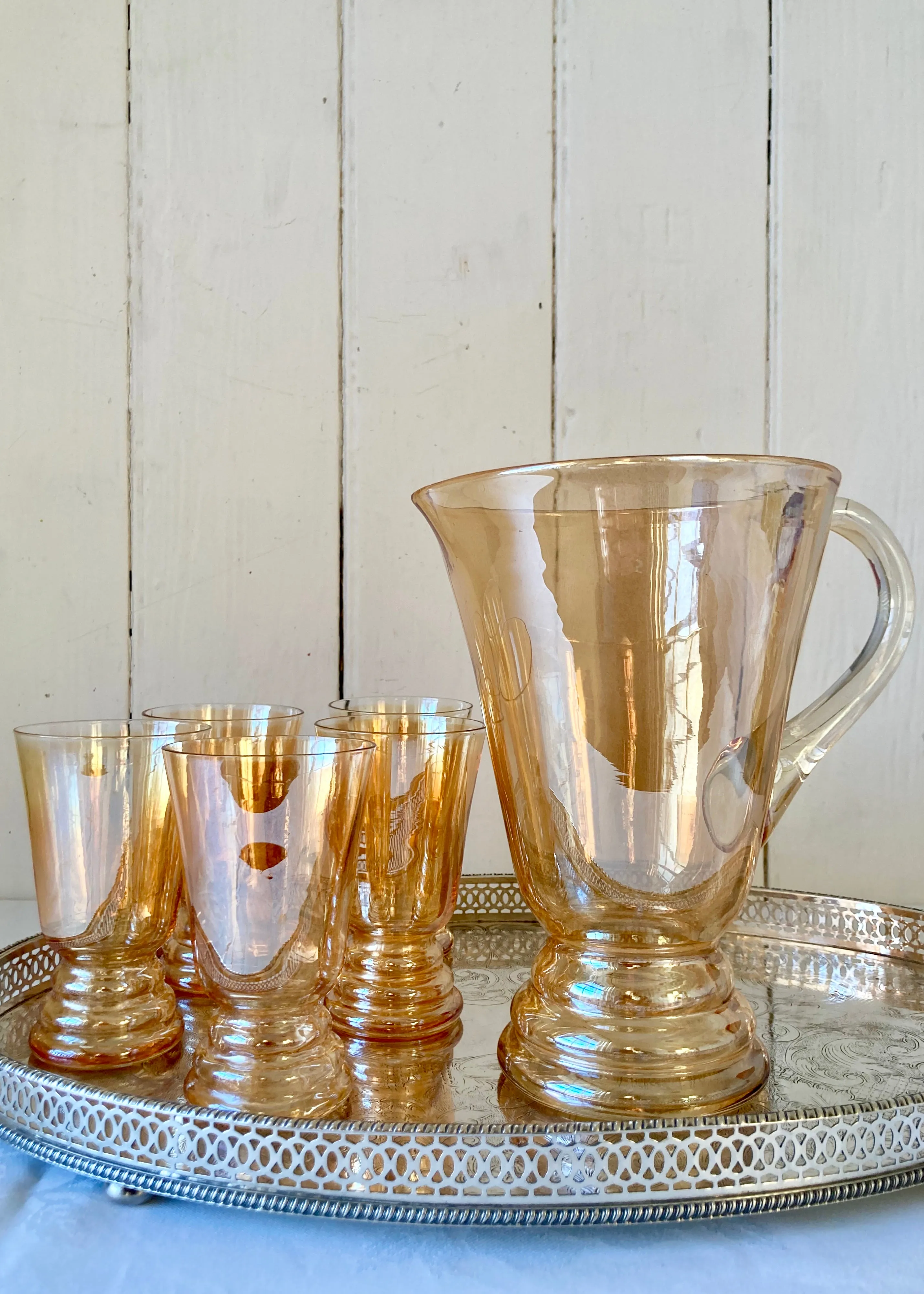 Art Deco hand blown lustre jug and set of glasses