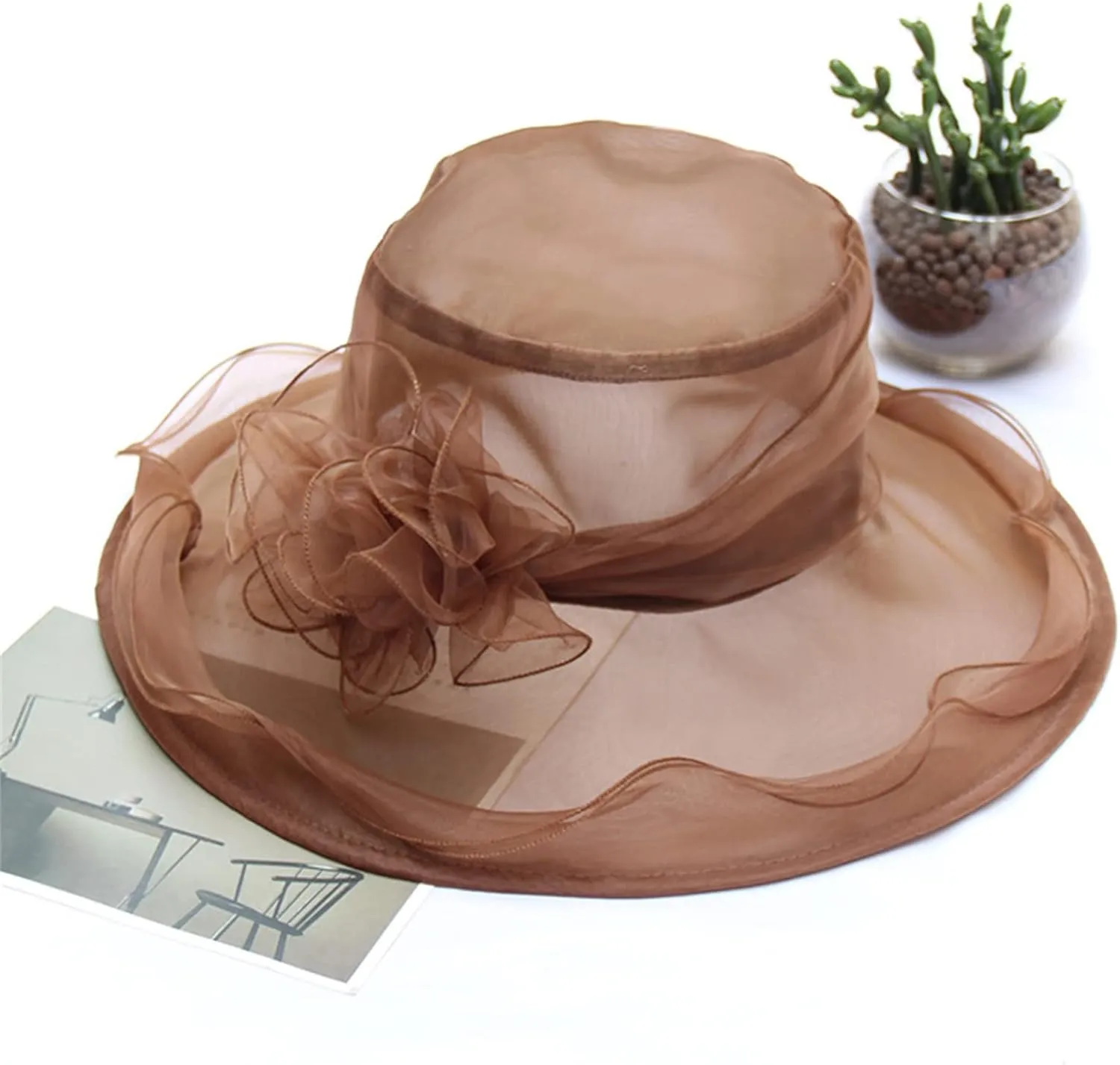Awoscut Women's Elegant Flower Organza Sun Hat Breathable Summer Wide Brim Visor Caps for Seaside Beach Party Outdoor