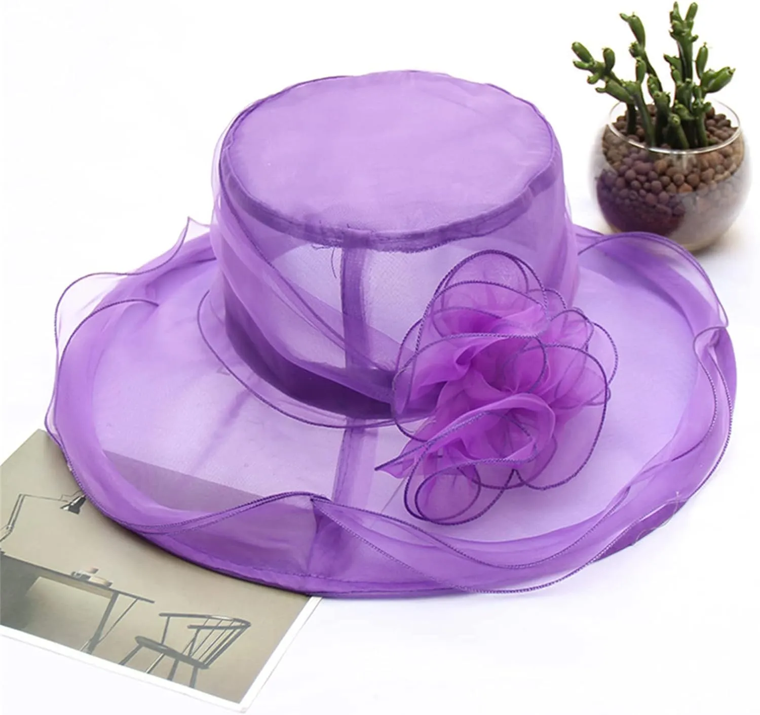 Awoscut Women's Elegant Flower Organza Sun Hat Breathable Summer Wide Brim Visor Caps for Seaside Beach Party Outdoor