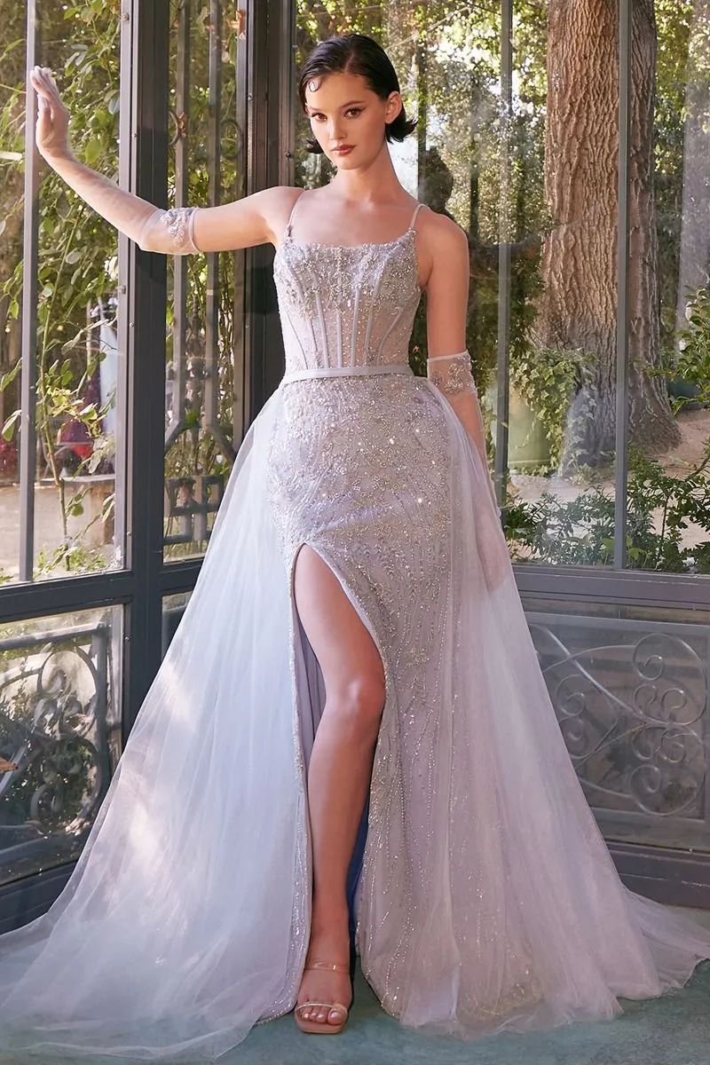 BEADED LIGHT BLUE GOWN & REMOVABLE TULLE OVERSKIRT