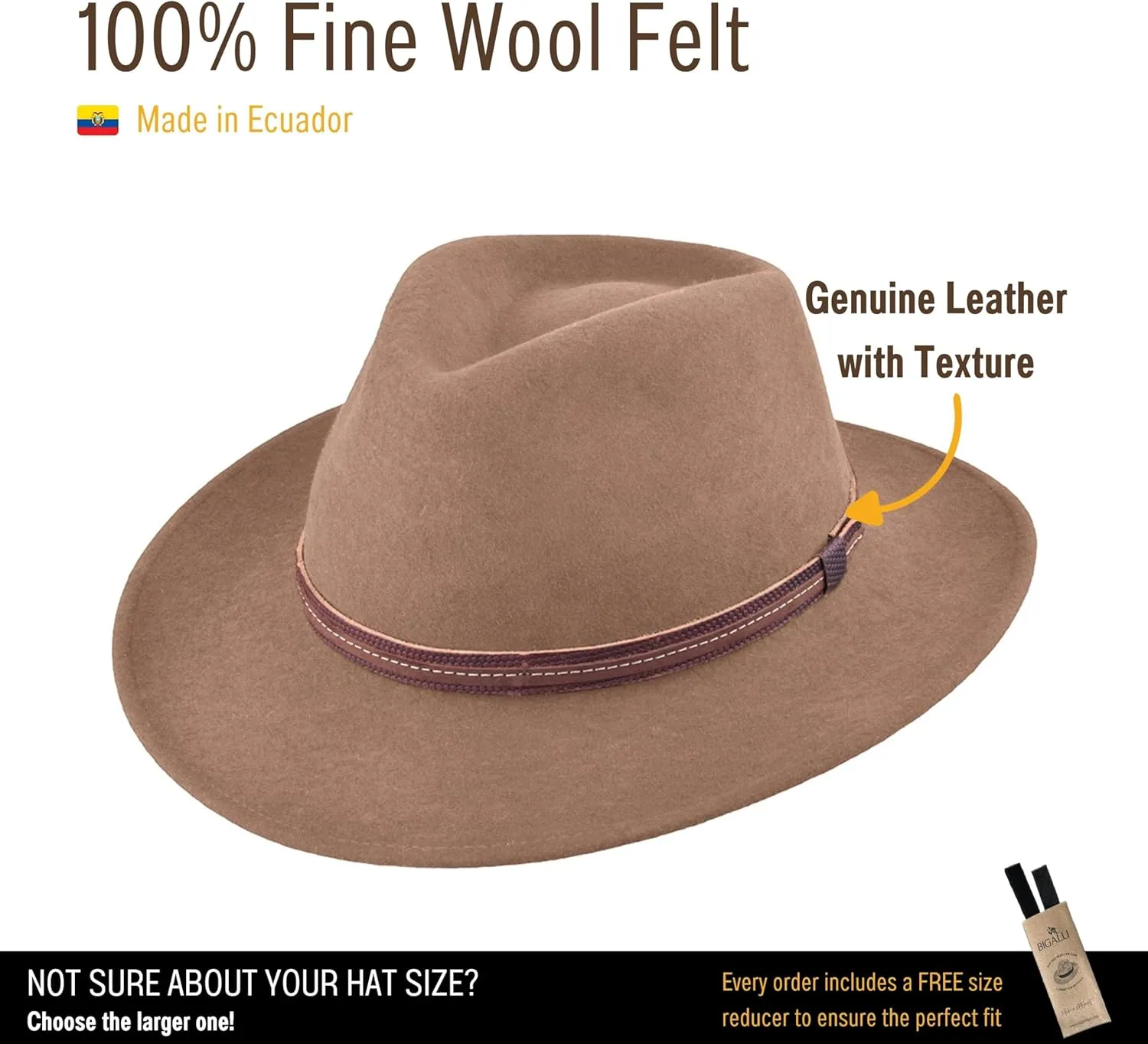 Bigalli Escapade Hat 100% Wool Felt for Women/Men Crushable Waterproof Leather Details | Wide Brim Cowboy Cowgirl Hat