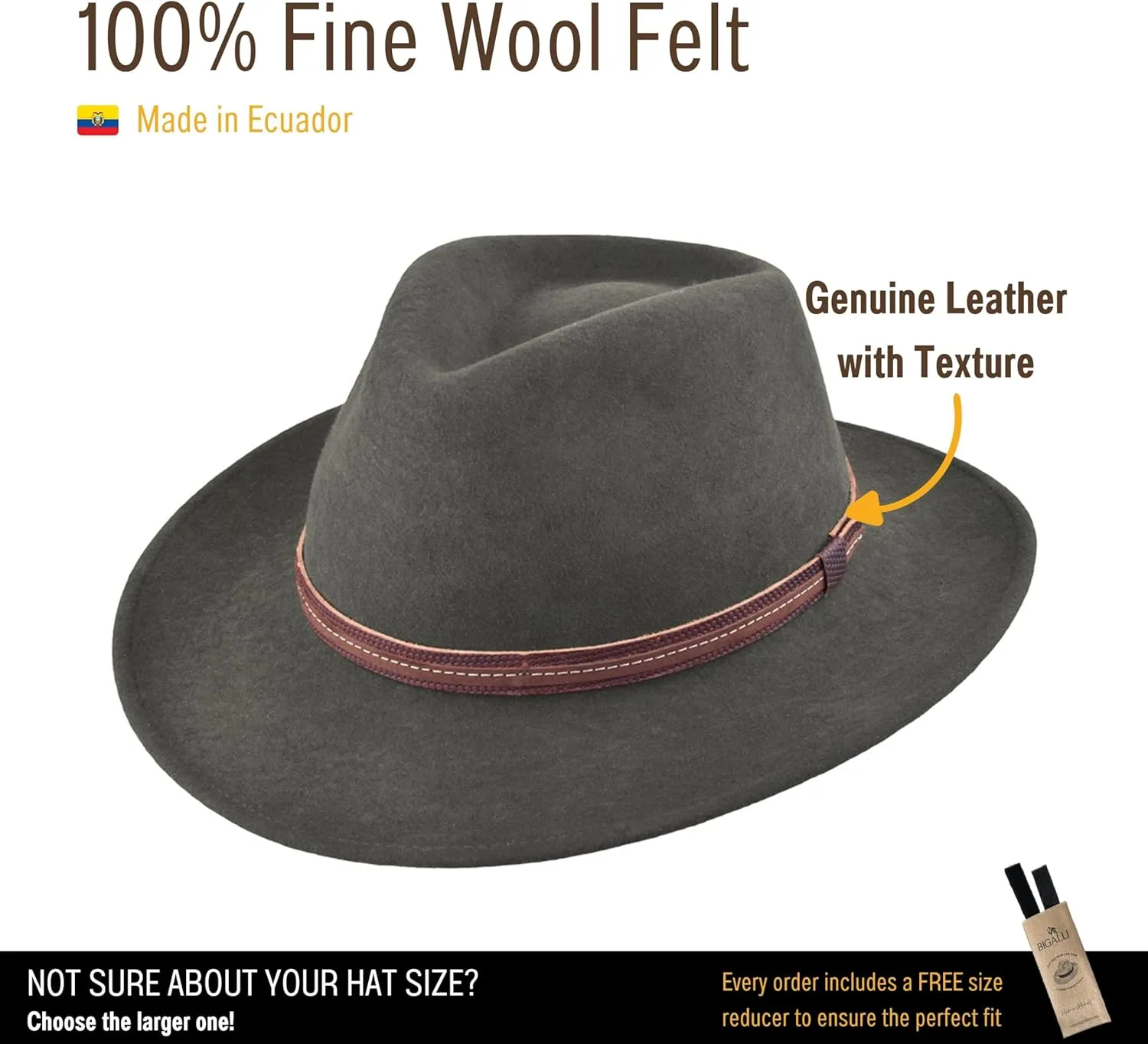 Bigalli Escapade Hat 100% Wool Felt for Women/Men Crushable Waterproof Leather Details | Wide Brim Cowboy Cowgirl Hat