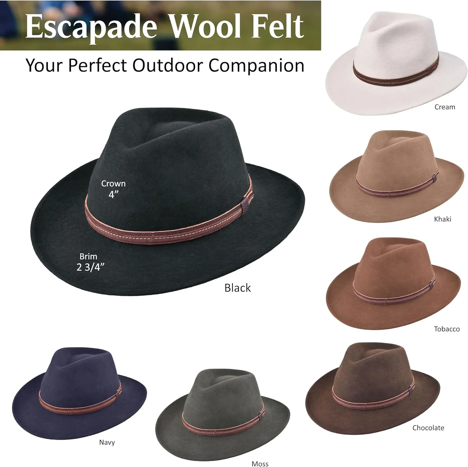 Bigalli Escapade Hat 100% Wool Felt for Women/Men Crushable Waterproof Leather Details | Wide Brim Cowboy Cowgirl Hat