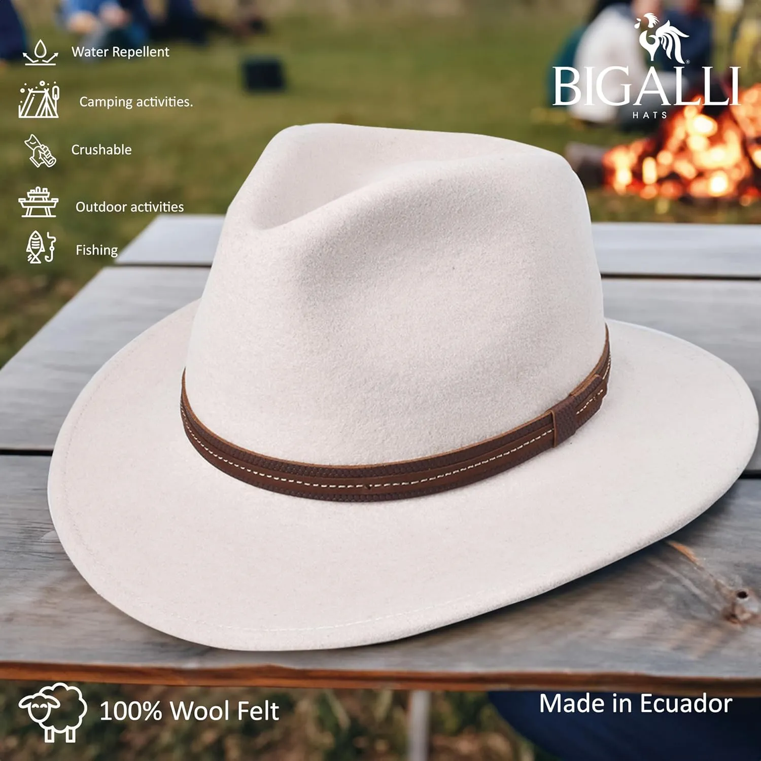 Bigalli Escapade Hat 100% Wool Felt for Women/Men Crushable Waterproof Leather Details | Wide Brim Cowboy Cowgirl Hat