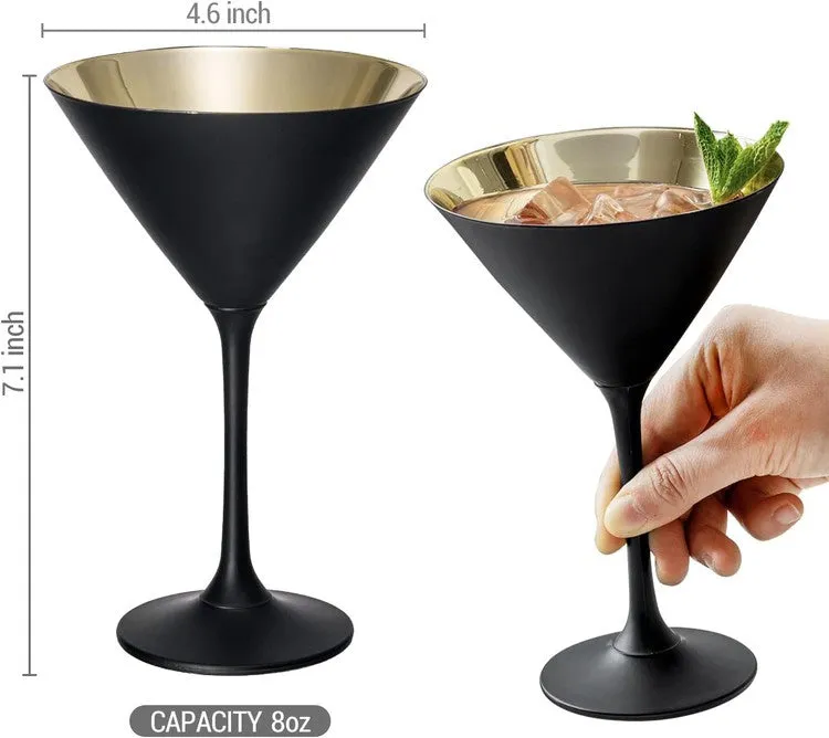 Black and Gold Martini Glasses, Drinking Glass for Wedding, or Anniversary Dinner, Set of 4