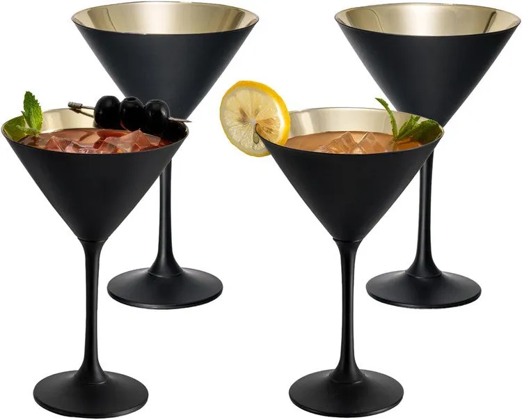 Black and Gold Martini Glasses, Drinking Glass for Wedding, or Anniversary Dinner, Set of 4