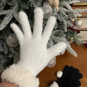 Black/White Plush Gloves With Pompons