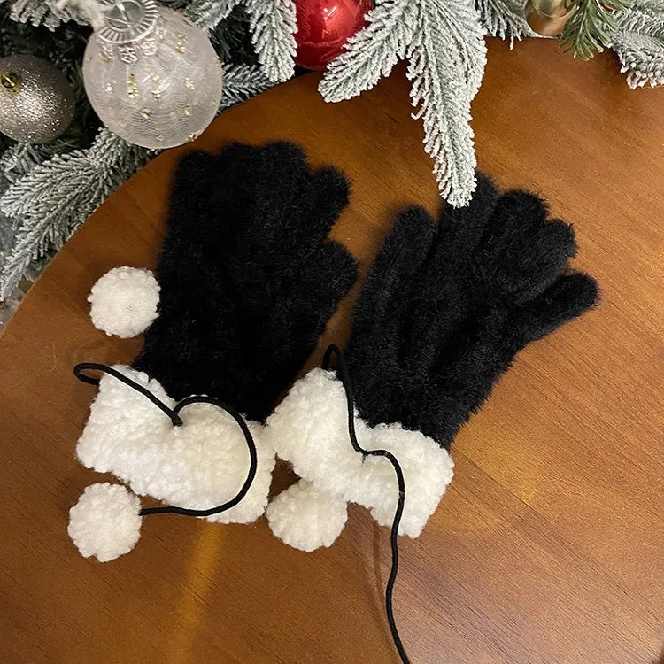 Black/White Plush Gloves With Pompons