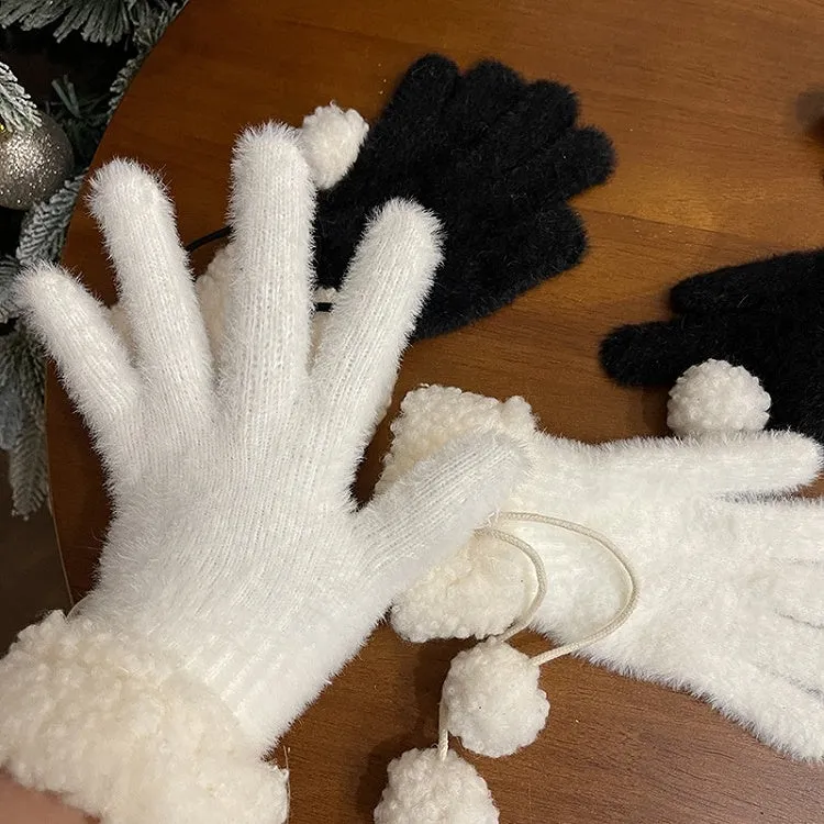 Black/White Plush Gloves With Pompons