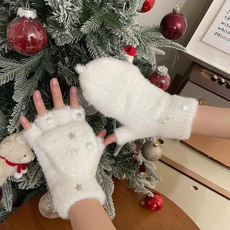 Black/White Star Plush Flap Gloves