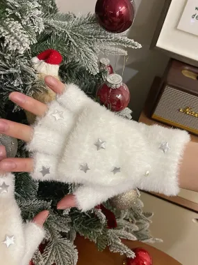 Black/White Star Plush Flap Gloves