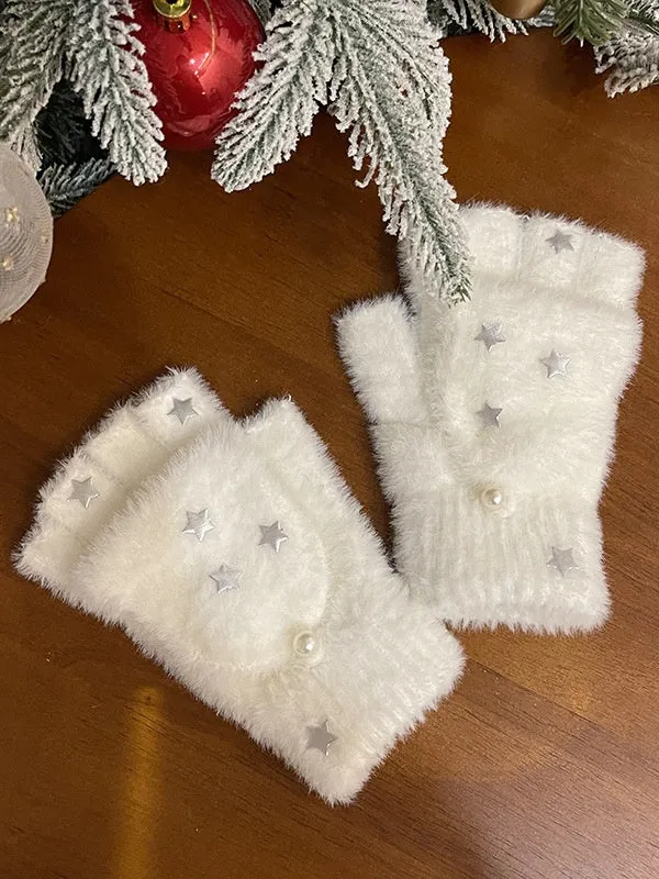 Black/White Star Plush Flap Gloves