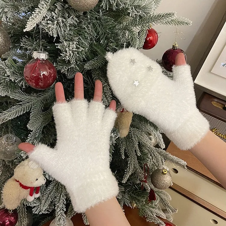 Black/White Star Plush Flap Gloves