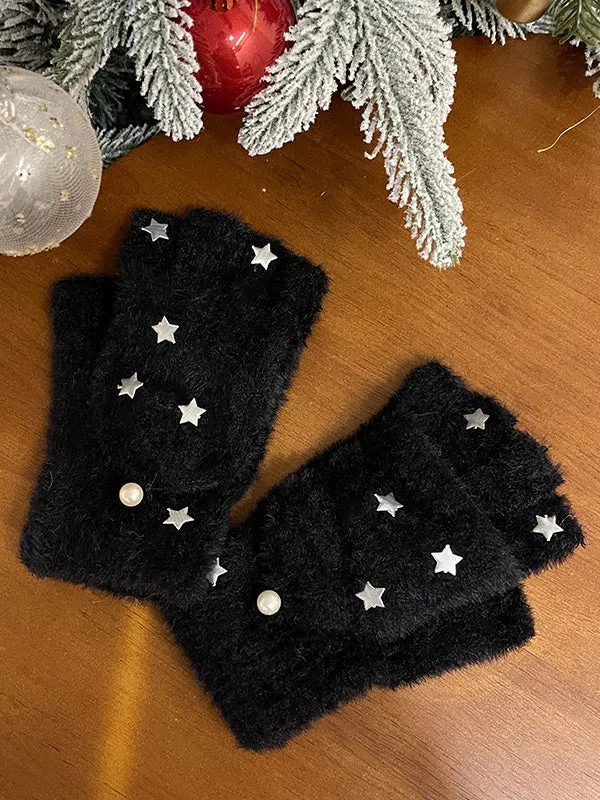 Black/White Star Plush Flap Gloves