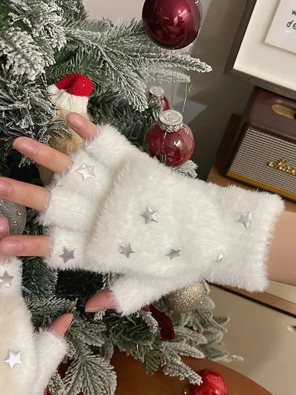 Black/White Star Plush Flap Gloves