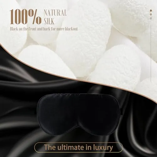 BLSSNZ Silk Sleep Mask for Women - Soft Breathable Organic Natural Mulberry Silk Fabric Blackout Eye Mask for Sleeping with Adjustable Straps No Pressure Eye Mask for Travel Essentials Gifts (Black)