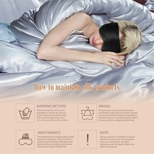 BLSSNZ Silk Sleep Mask for Women - Soft Breathable Organic Natural Mulberry Silk Fabric Blackout Eye Mask for Sleeping with Adjustable Straps No Pressure Eye Mask for Travel Essentials Gifts (Black)