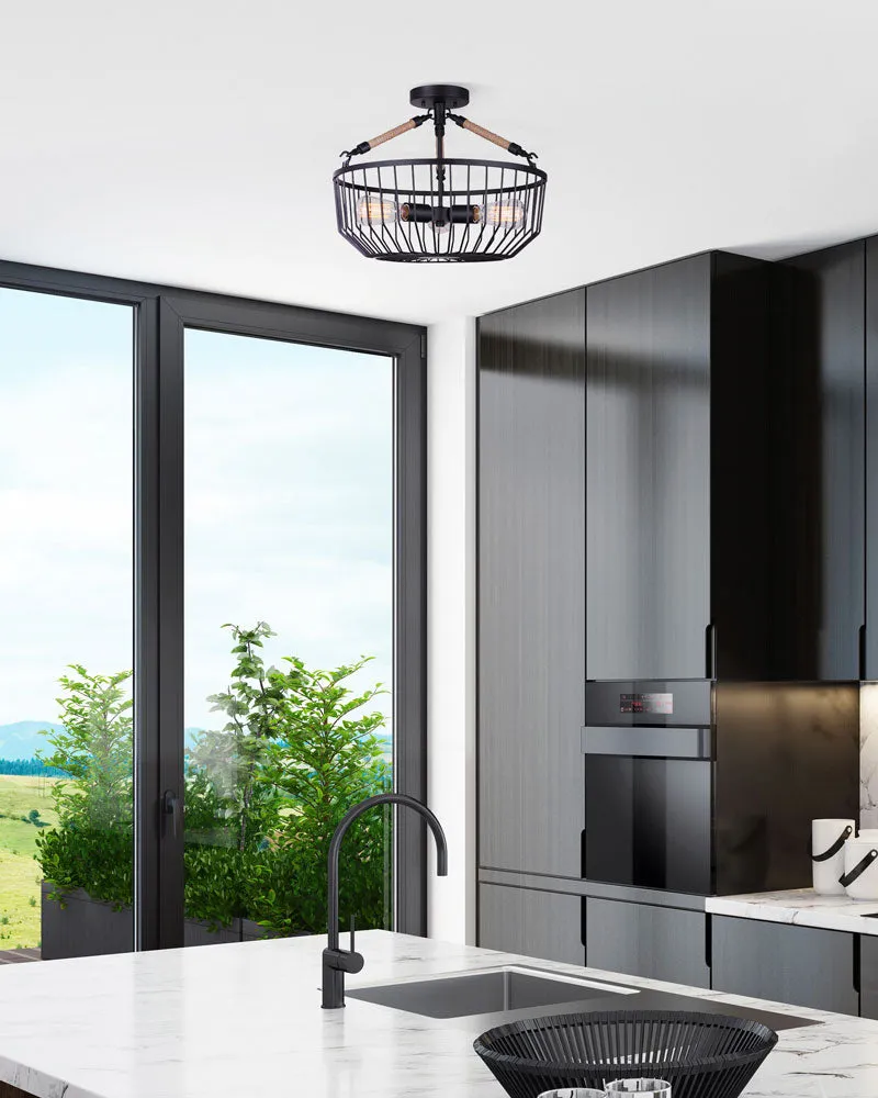 Canarm ISF1061A03BK Theo Matte Black and Braided Rope Semi Flush Mount Light