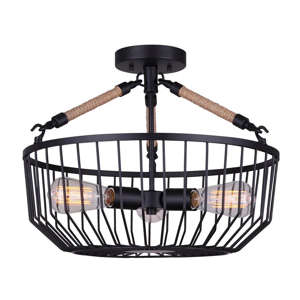 Canarm ISF1061A03BK Theo Matte Black and Braided Rope Semi Flush Mount Light