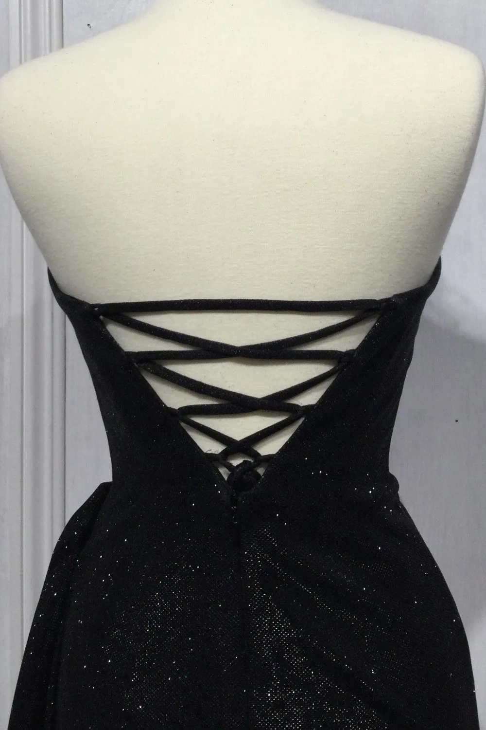 CD KV1091 - Strapless Metallic Fit & Flare Prom Gown with Gathered Waist Lace Up Corset Back Leg Slit & Feather Accented Gloves