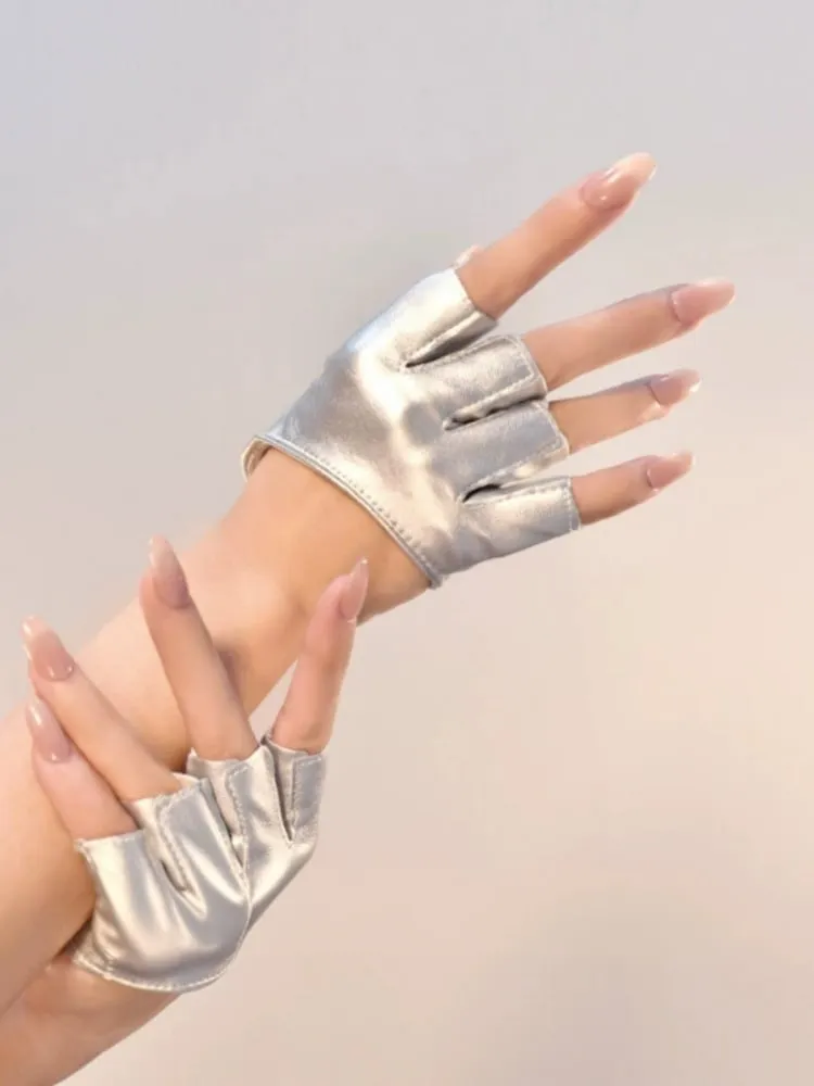 Cyberpunk Silver Futuristic Half Finger Gloves