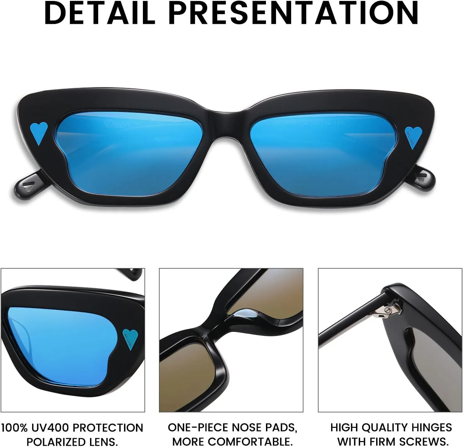 DUCO Small Cat Eye Sunglasses for Women Retro Narrow Polarized Sun Glasses Mylove Designer Rectangle Frame UV400 Lens DC1104