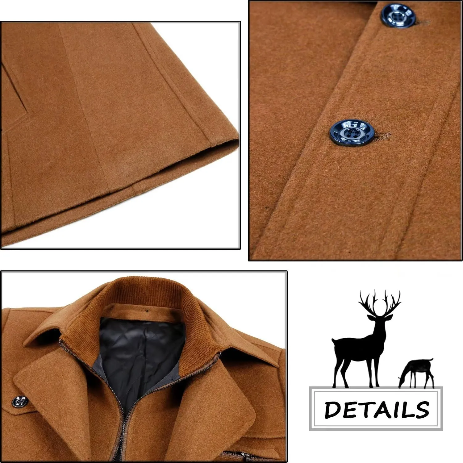 ELETOP Men's Trench Coat Long Wool Coat Winter Classic Overcoat Top Pea Coat