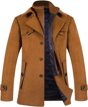 ELETOP Men's Trench Coat Long Wool Coat Winter Classic Overcoat Top Pea Coat