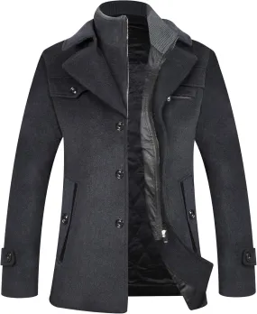 ELETOP Men's Trench Coat Long Wool Coat Winter Classic Overcoat Top Pea Coat