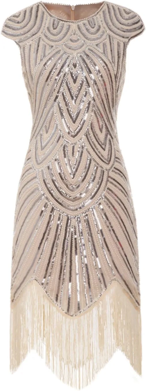 FAIRY COUPLE 1920s Sequined Embellished Tassels Hem Flapper Dress D20S002