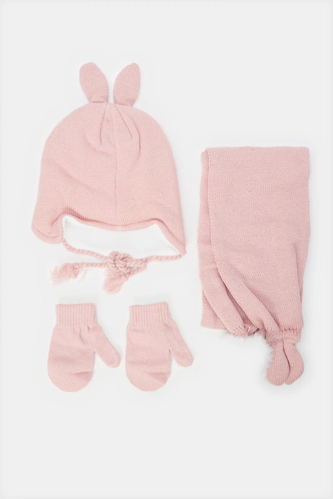 Girls Pink Embellished Knitted Cap Set (3 Piece)